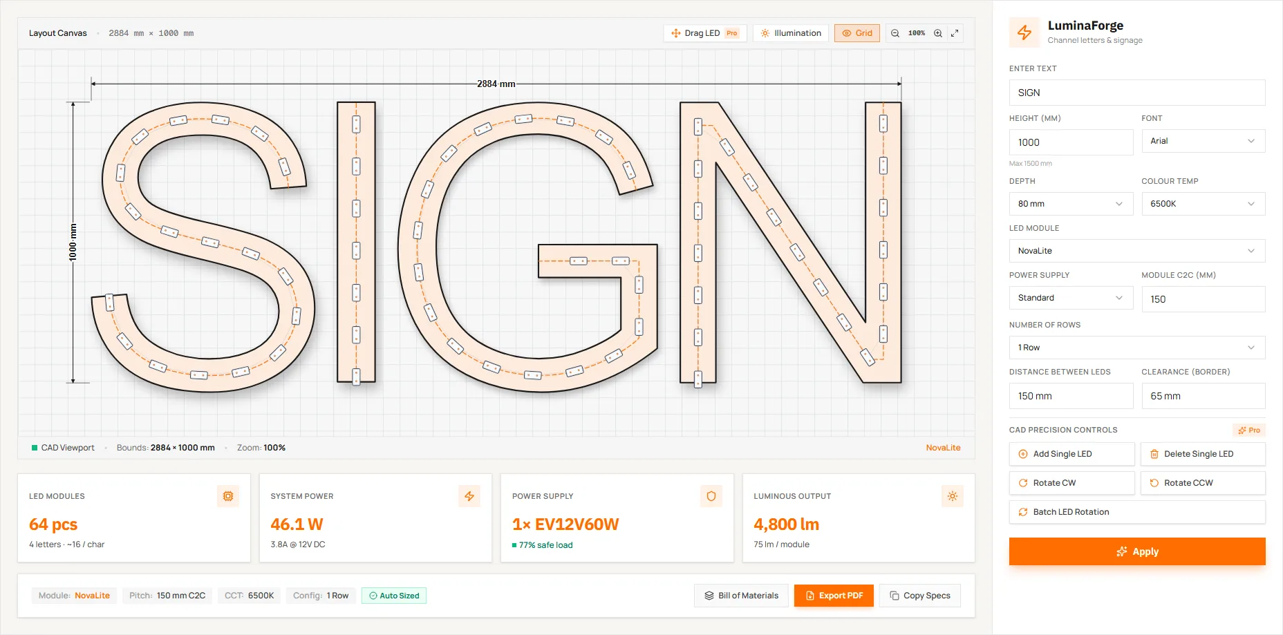 LuminaForge configurator showing channel letter outlines with LED module positions and calculated power supply sizing